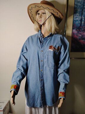 Kantha Trim Shirt Horse Applique Men's M/Women's Large Upcycled Western KS10.
